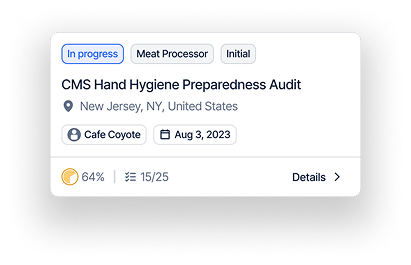 Audit card: CMS Hand Hygiene Preparedness Audit, in progress