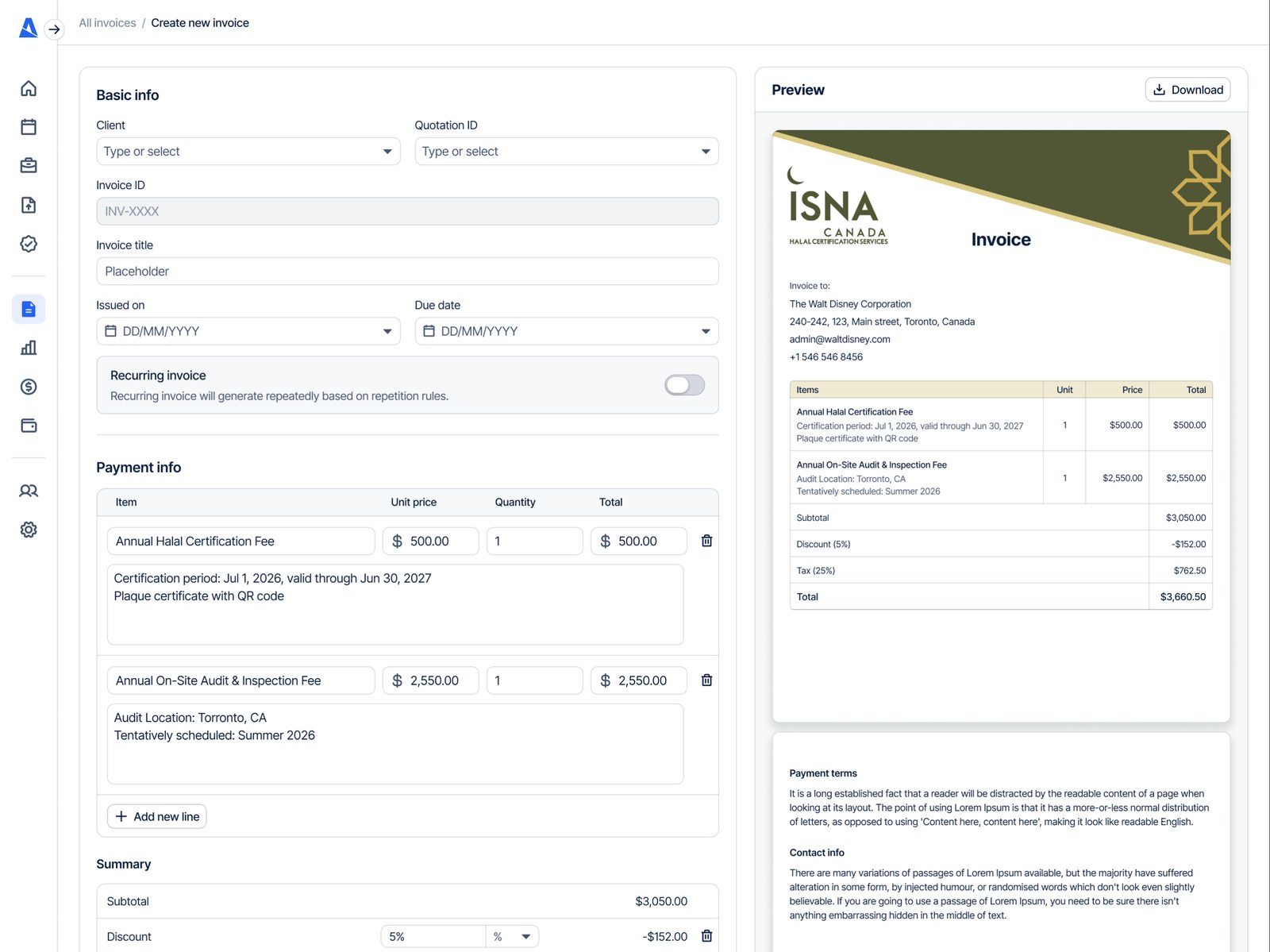 Amanah invoice creation screen with live invoice preview